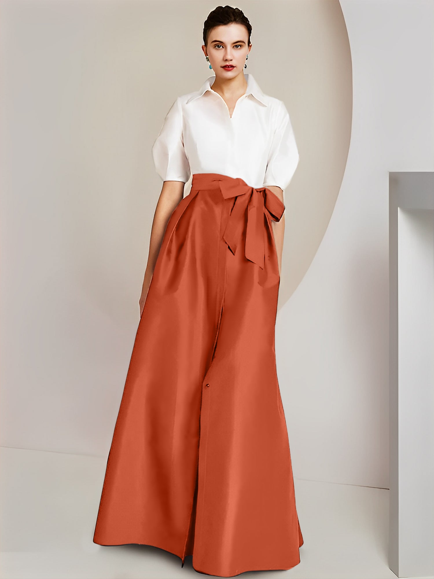 Princess/A-Line Floor-Length 2-Piece Mother of the Bride Dresses with Bowknot and Shirt Collar Short Sleeves