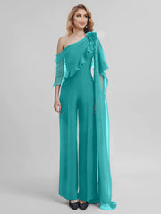 Chiffon One-Shoulder Jumpsuits with Half Sleeves for the Mother of the Bride