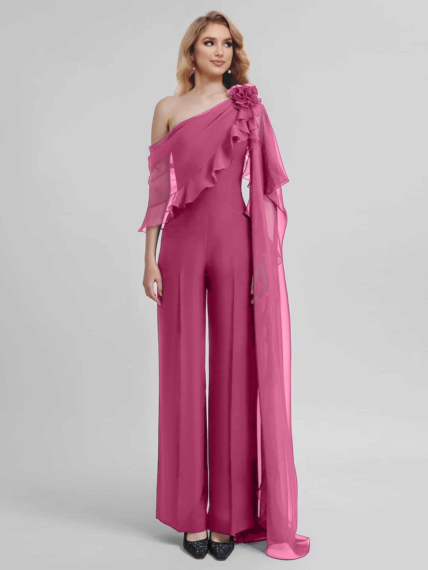 Chiffon One-Shoulder Jumpsuits with Half Sleeves for the Mother of the Bride