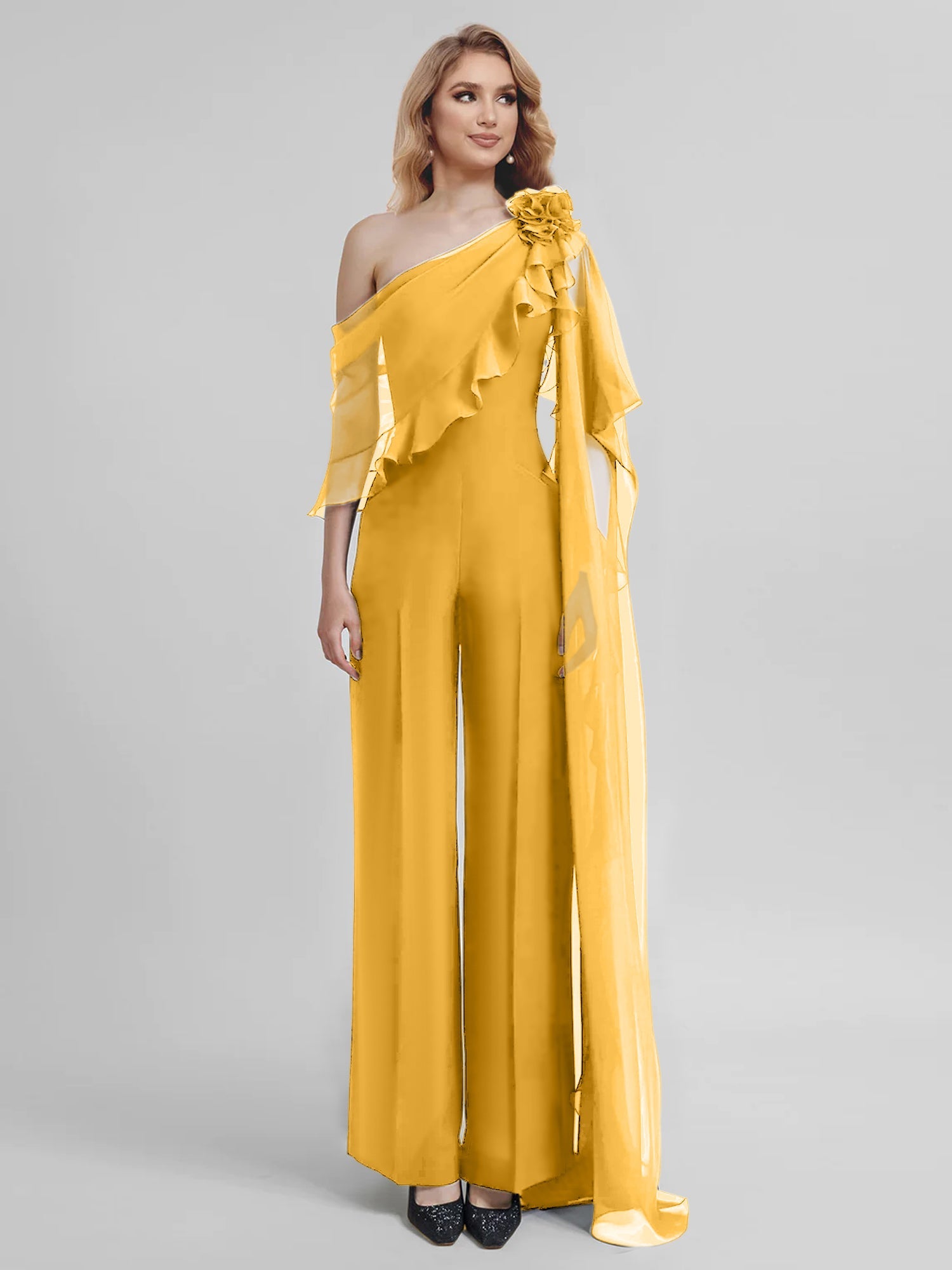 Chiffon One-Shoulder Jumpsuits with Half Sleeves for the Mother of the Bride