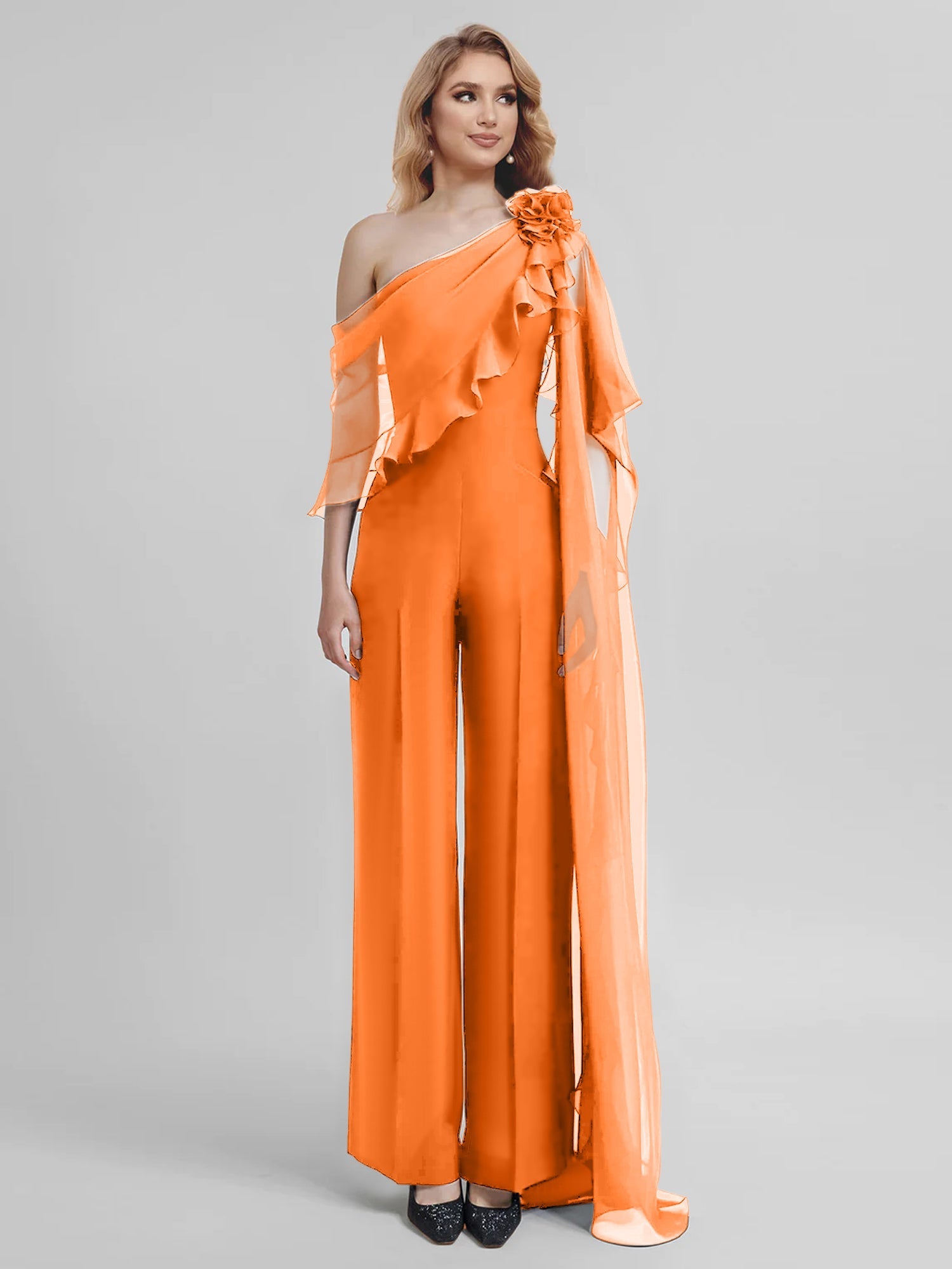 Chiffon One-Shoulder Jumpsuits with Half Sleeves for the Mother of the Bride