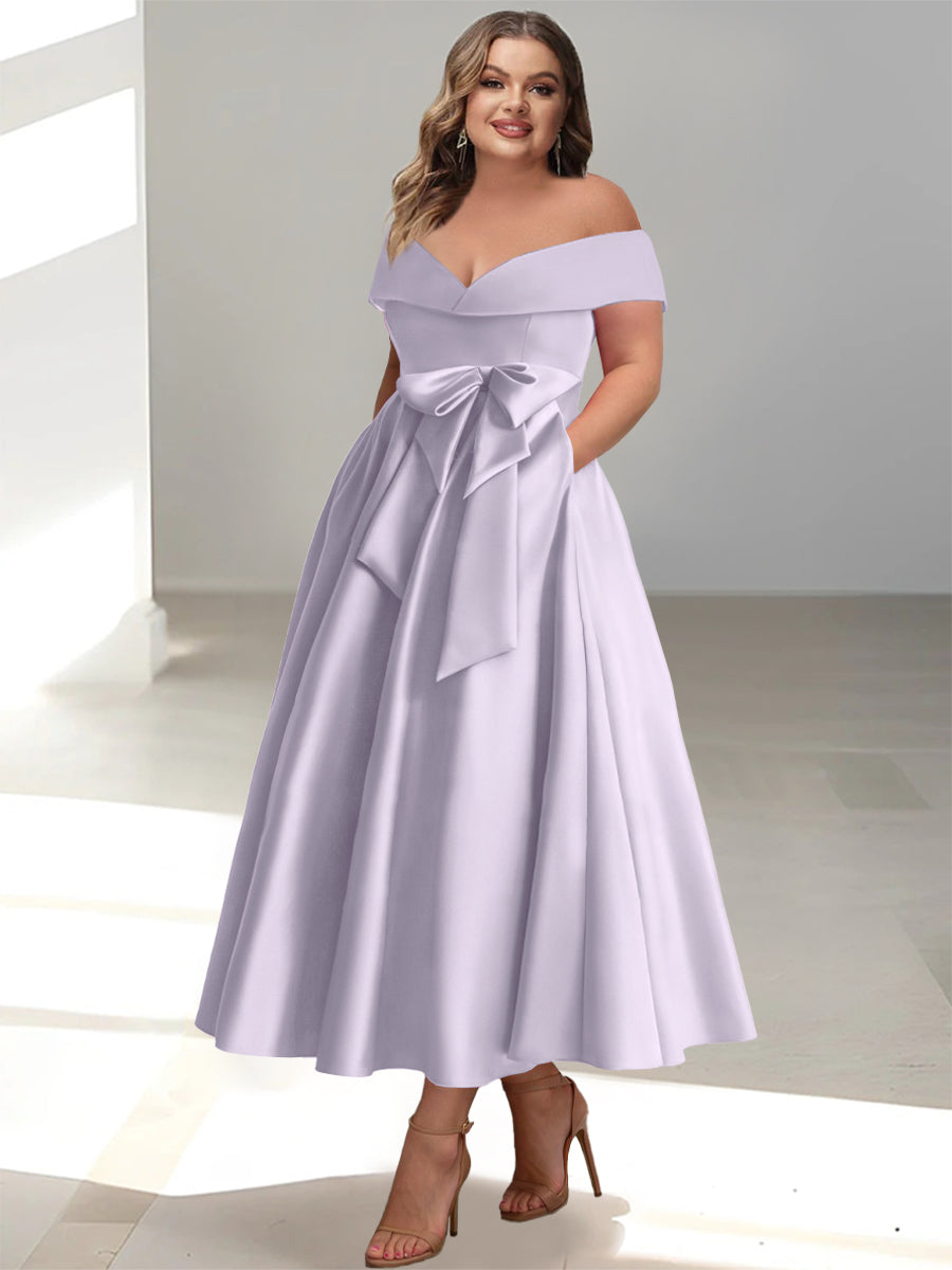 Plus Size Off-the-Shoulder Sleeveless A-Line/Princess Mother of the Bride Ankle-Length Dress with Pockets