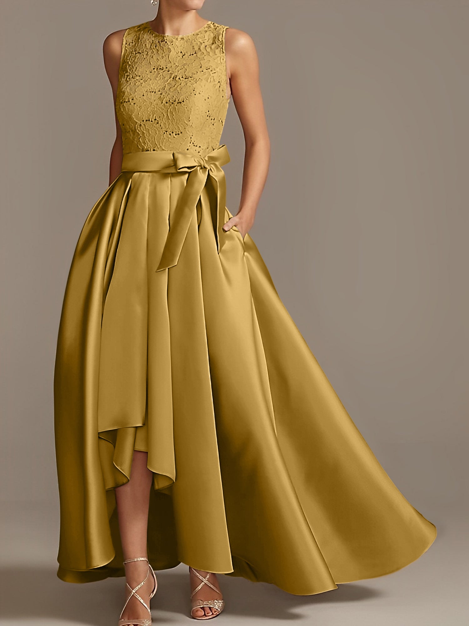 Asymmetrical Princess A-Line Sleeveless Mother Of The Bride Dress With Jewel Neck And Pleats
