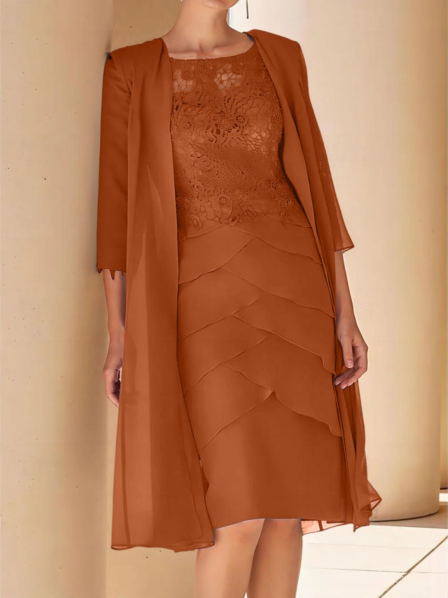 Short Sleeve Knee-Length Lace Sheath Dress for the Mother of the Bride