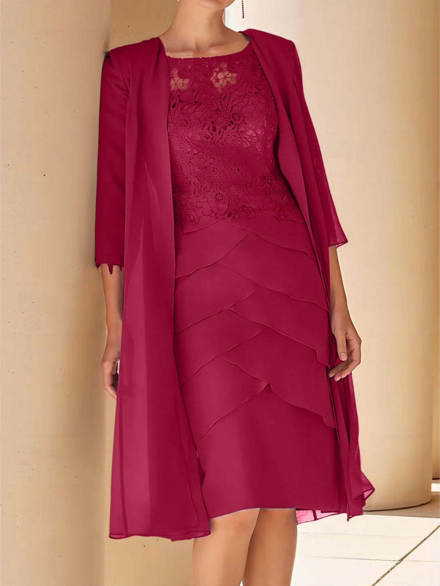 Short Sleeve Knee-Length Lace Sheath Dress for the Mother of the Bride
