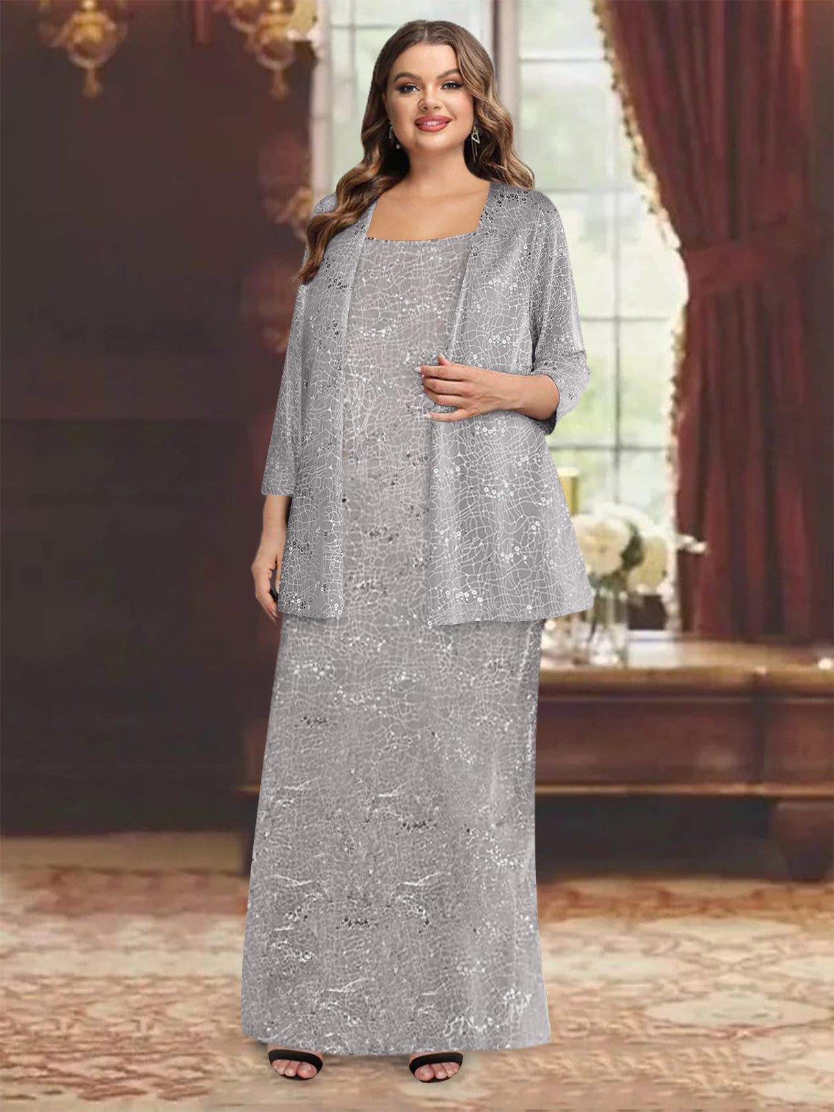 Plus Size Ankle-Length Chiffon Mother of the Bride Dresses with Sequins and Jacket