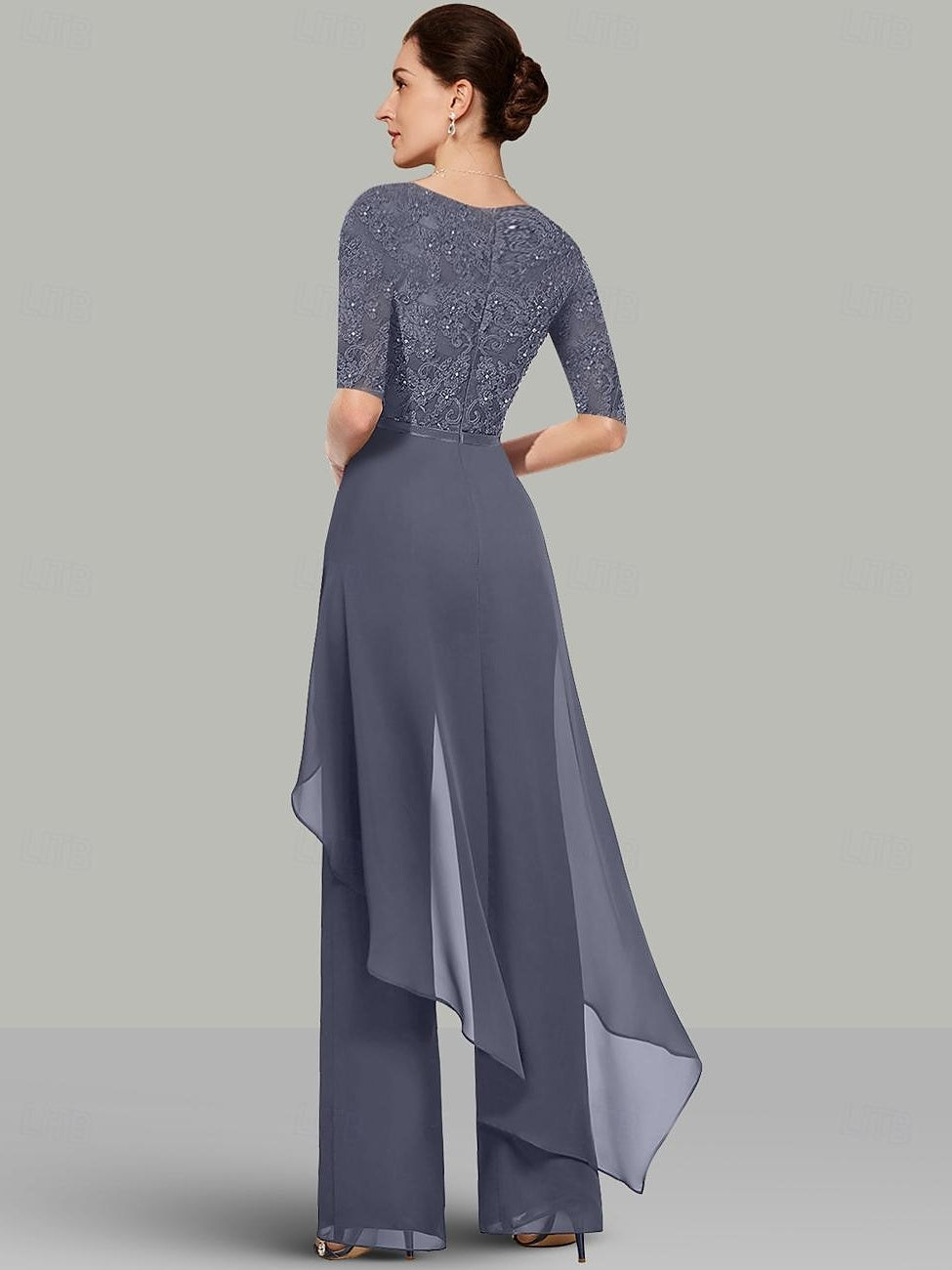 2-Piece Chiffon Mother of the Bride Pantsuit with Jewel Neck Half Sleeves and Floor-Length Design featuring Lace & Ruffles