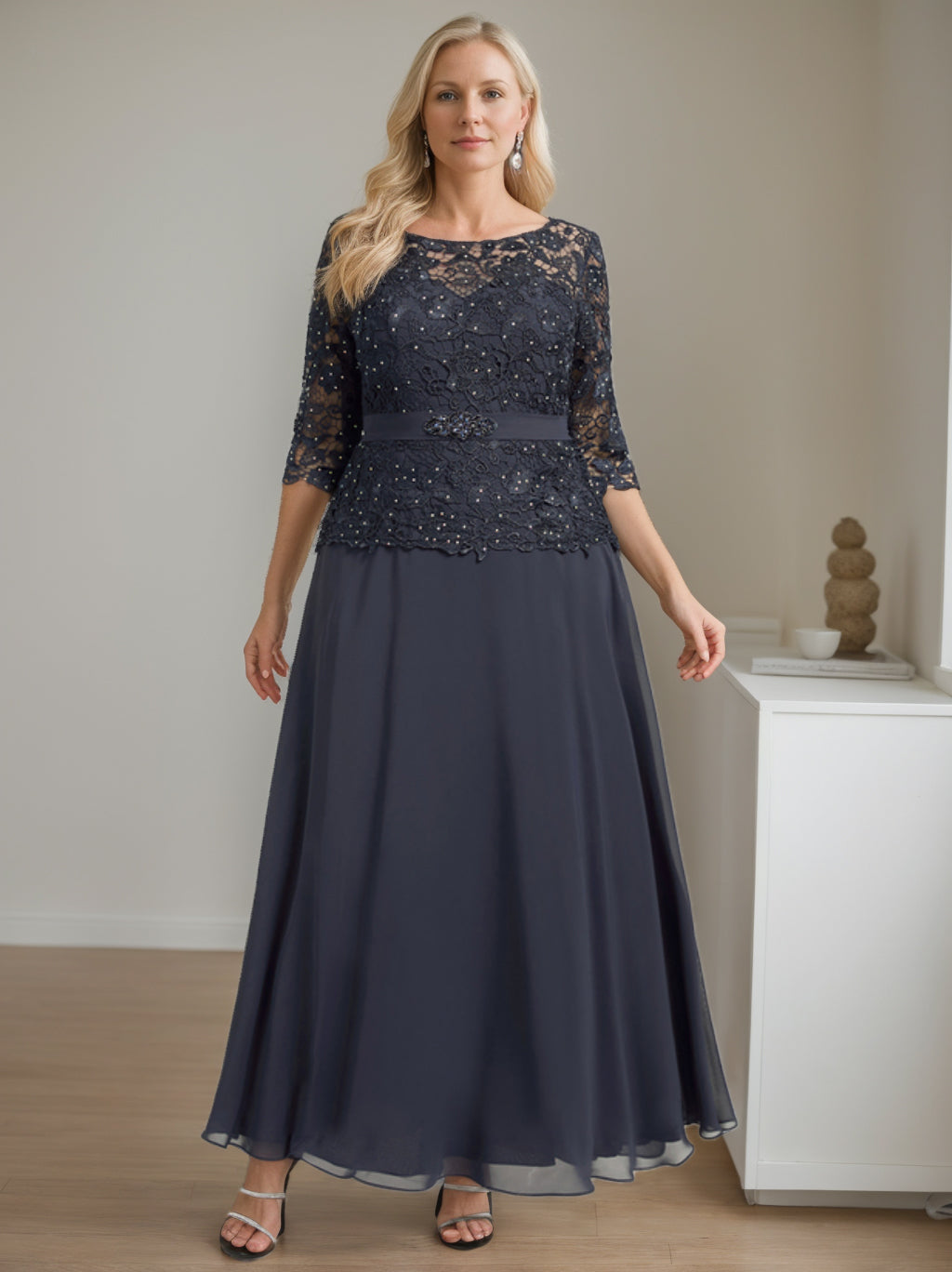 Plus Size A-Line Princess Scoop Neck Ankle-Length Mother of the Bride Dress with Beading and Rhinestones