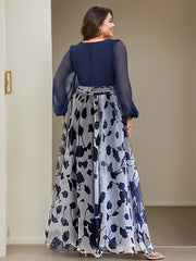Floral Plus Size Mother of the Bride Dress with V-Neck and Long Sleeves