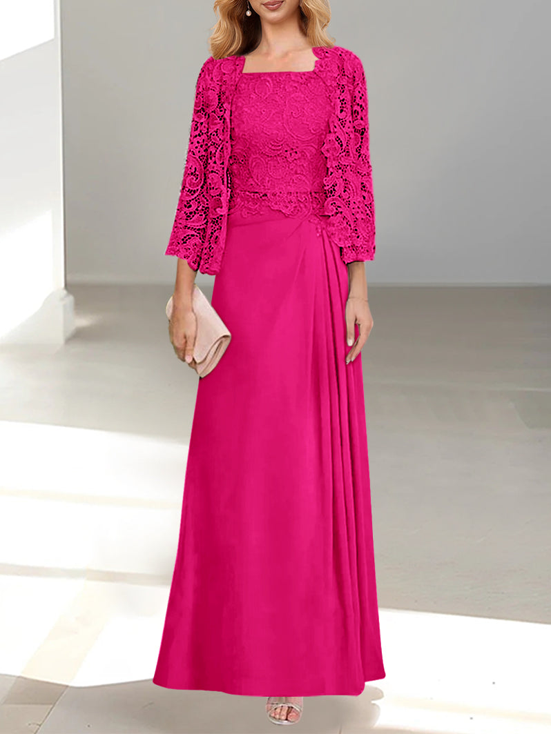 A-Line/Princess Scoop Mother of the Bride Dresses with Pleated & Lace Appliques Floor-Length
