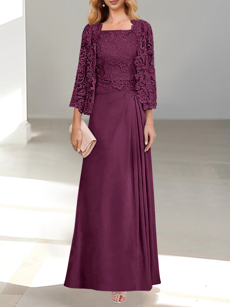 A-Line/Princess Scoop Mother of the Bride Dresses with Pleated & Lace Appliques Floor-Length