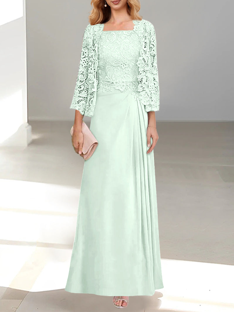 A-Line/Princess Scoop Mother of the Bride Dresses with Pleated & Lace Appliques Floor-Length