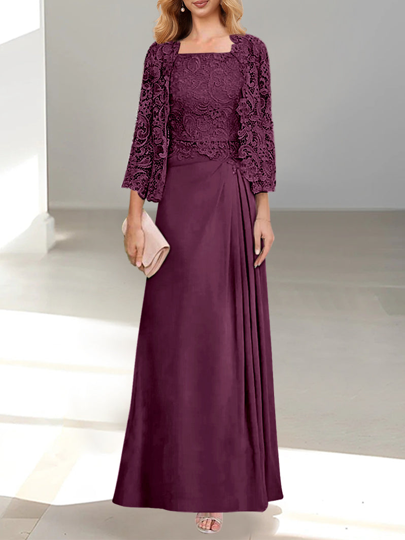 A-Line/Princess Scoop Mother of the Bride Dresses with Pleated & Lace Appliques Floor-Length