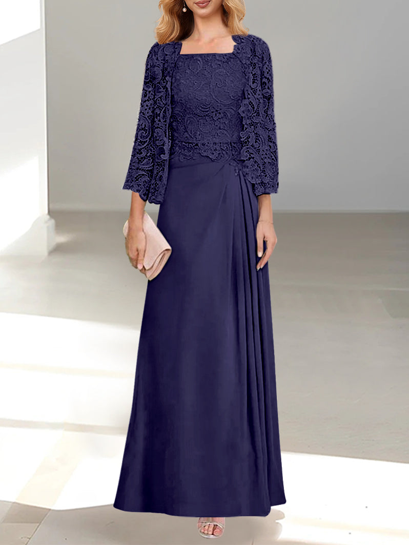A-Line/Princess Scoop Mother of the Bride Dresses with Pleated & Lace Appliques Floor-Length