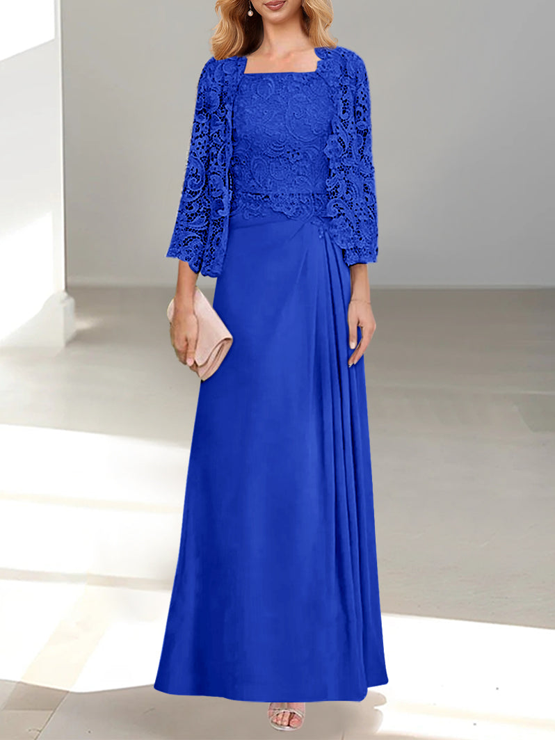 A-Line/Princess Scoop Mother of the Bride Dresses with Pleated & Lace Appliques Floor-Length