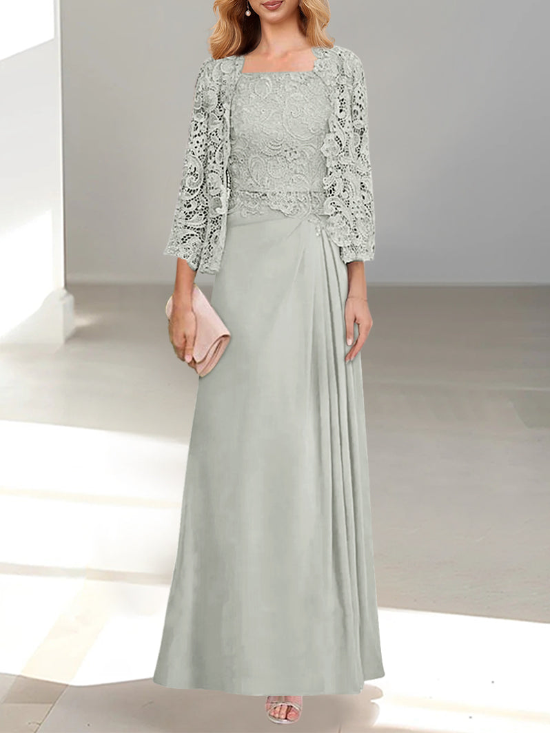 A-Line/Princess Scoop Mother of the Bride Dresses with Pleated & Lace Appliques Floor-Length