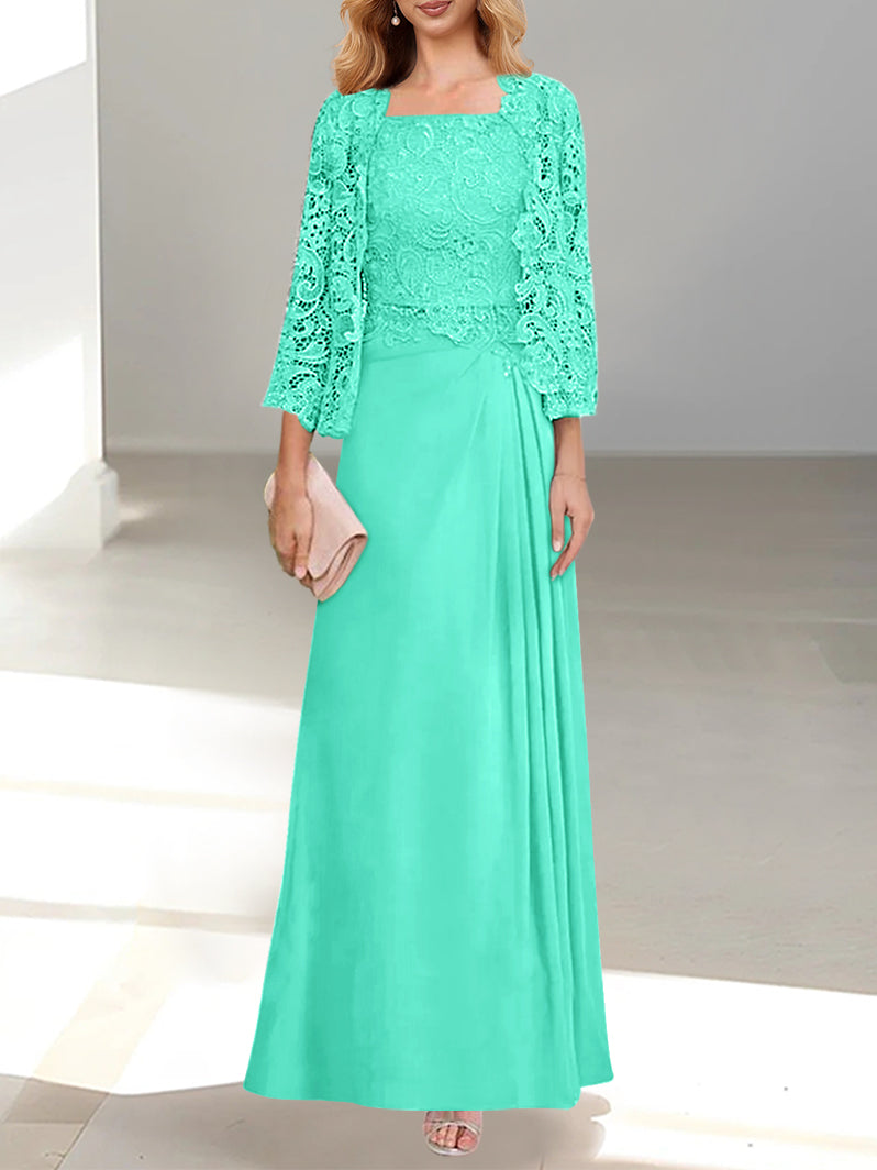 A-Line/Princess Scoop Mother of the Bride Dresses with Pleated & Lace Appliques Floor-Length