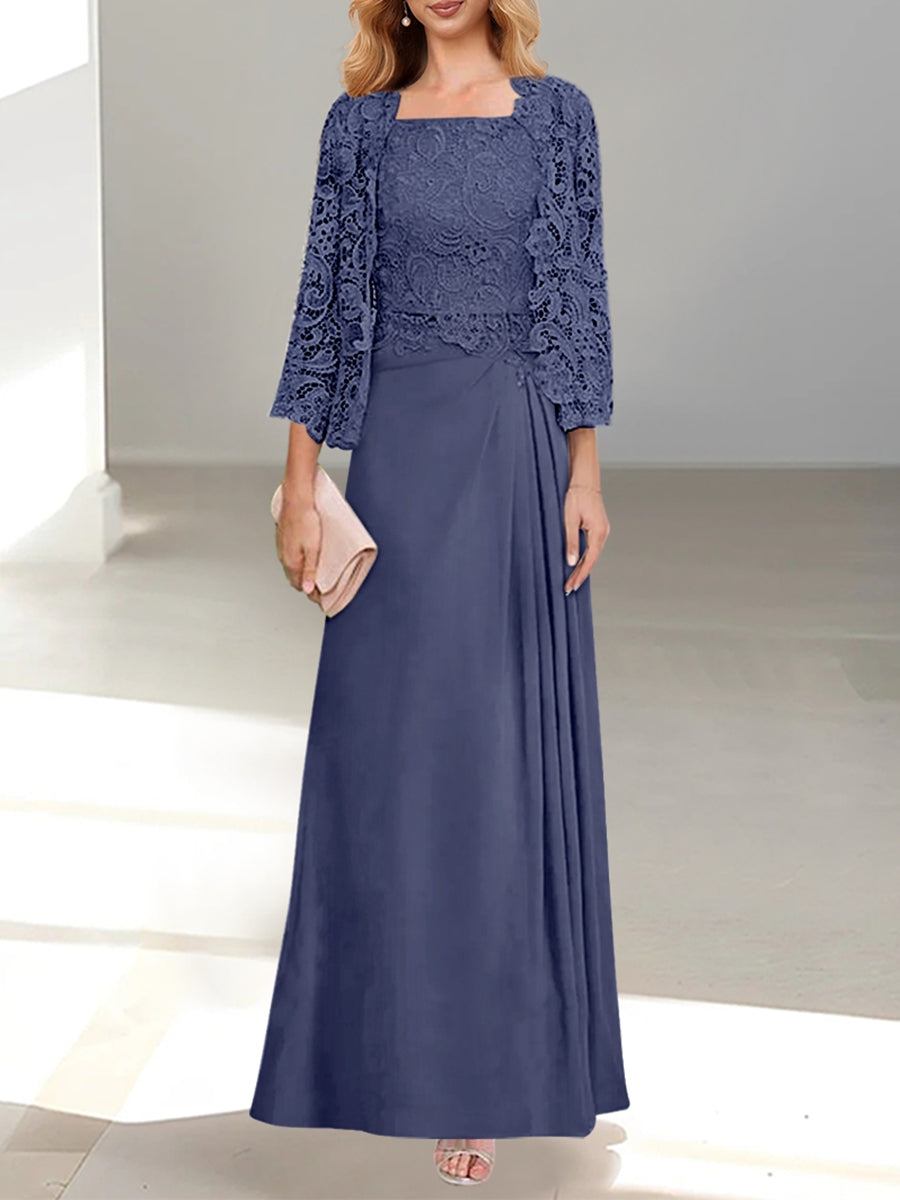 A-Line/Princess Scoop Mother of the Bride Dresses with Pleated & Lace Appliques Floor-Length