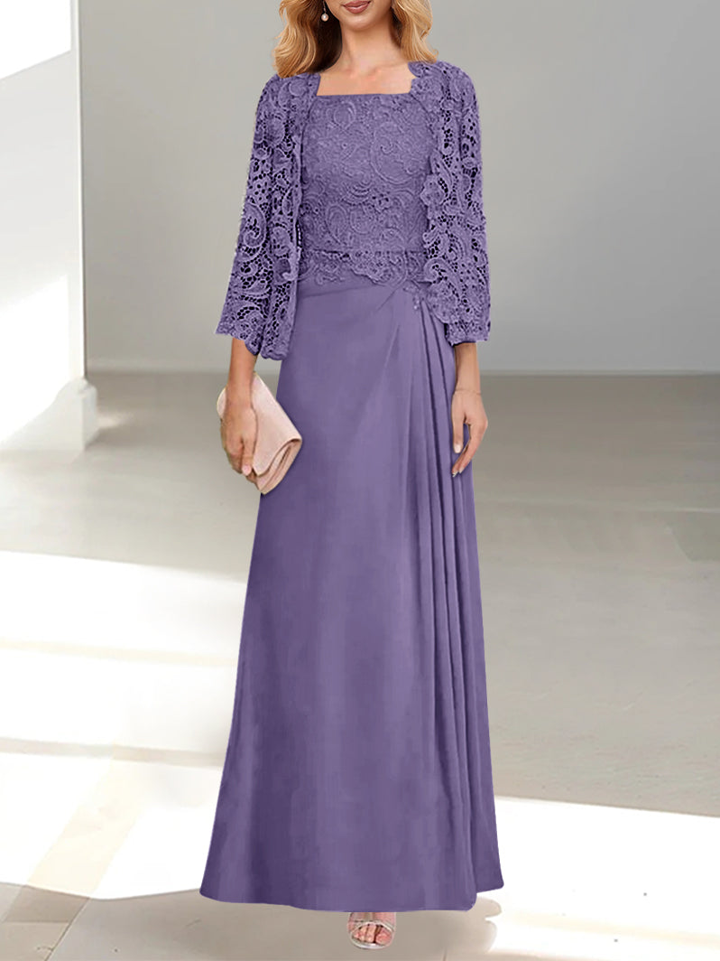 A-Line/Princess Scoop Mother of the Bride Dresses with Pleated & Lace Appliques Floor-Length