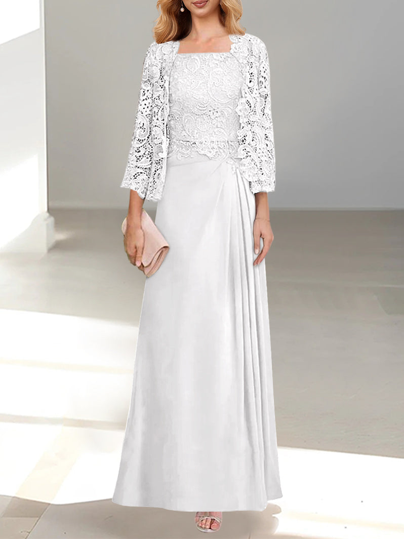 A-Line/Princess Scoop Mother of the Bride Dresses with Pleated & Lace Appliques Floor-Length