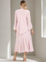 V-Neck A-Line Princess Two-Piece Plus Size Mother of the Bride Dress with Jacket and Sequins in Tea-Length