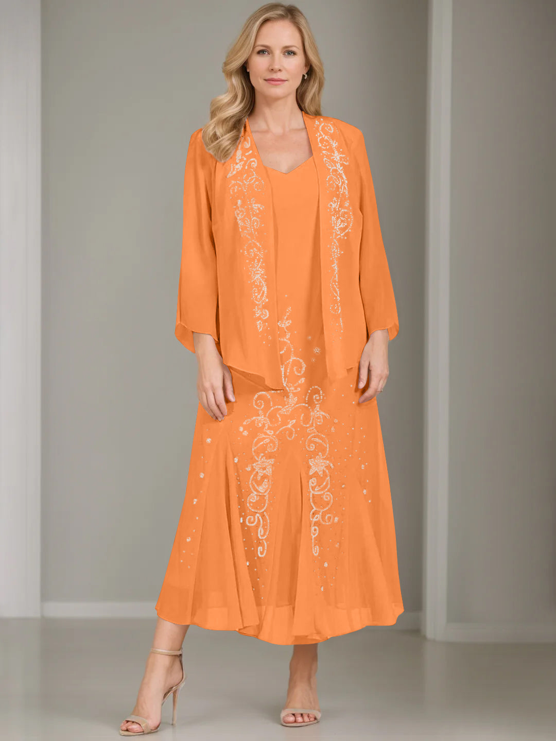 V-Neck A-Line Princess Two-Piece Plus Size Mother of the Bride Dress with Jacket and Sequins in Tea-Length