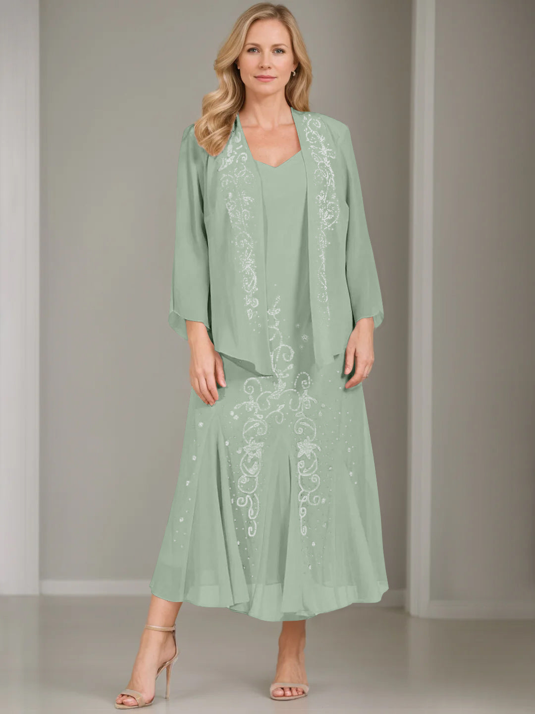 V-Neck A-Line Princess Two-Piece Plus Size Mother of the Bride Dress with Jacket and Sequins in Tea-Length