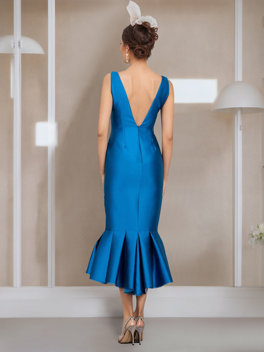 Tea-Length Mother of the Bride Dresses with Buttons Jewel Neck and Half Sleeves in Mermaid/Trumpet Style