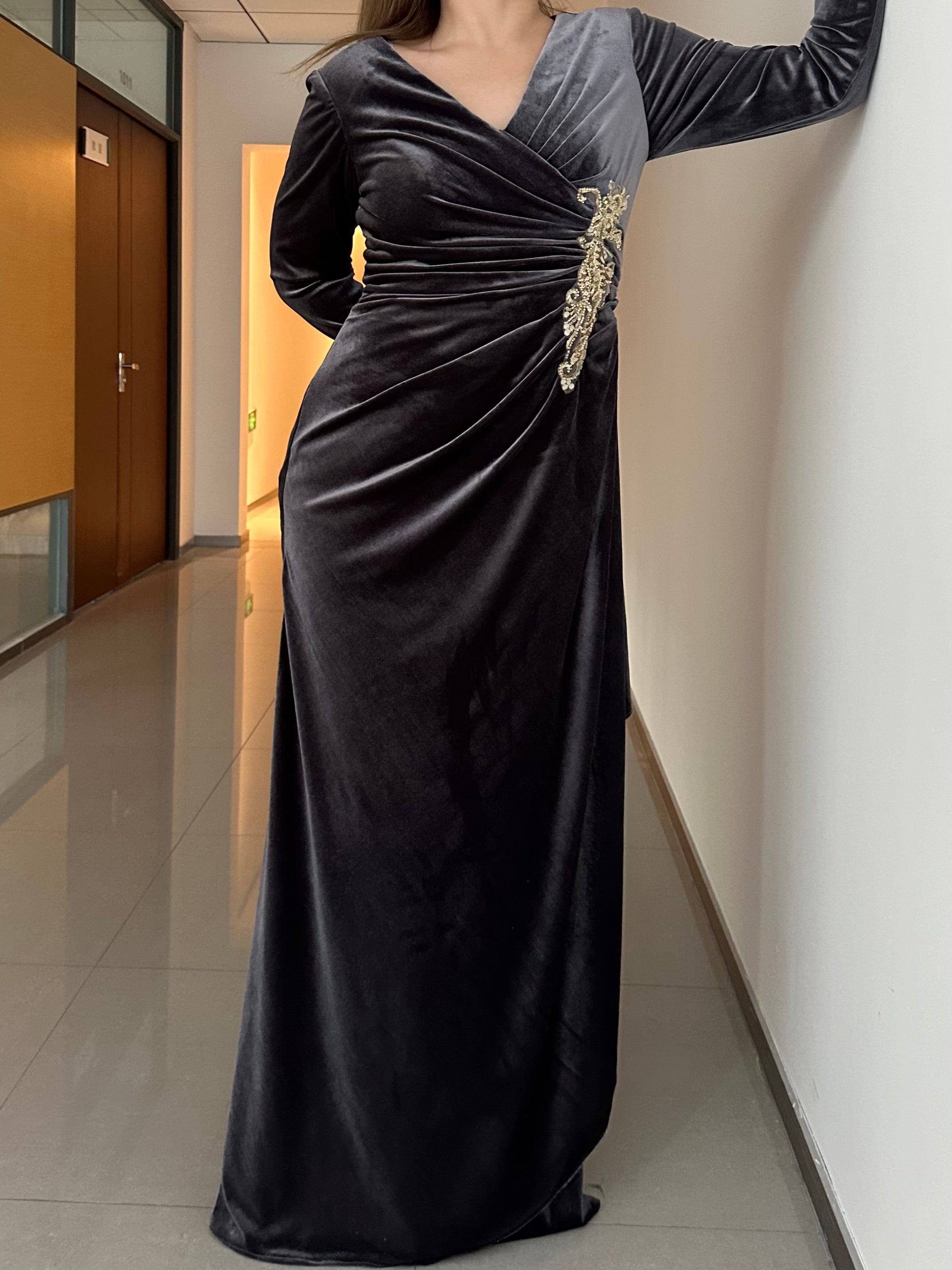 V-Neck A-Line Princess Floor-Length Velvet Mother of the Bride Dress with Ruffled Long Sleeves