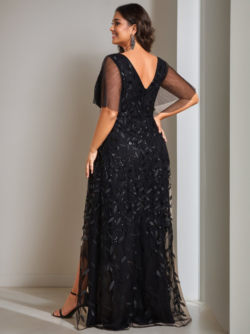 V-Neck A-Line Princess Short Sleeve Asymmetrical Mother of the Bride Dress with Sequins