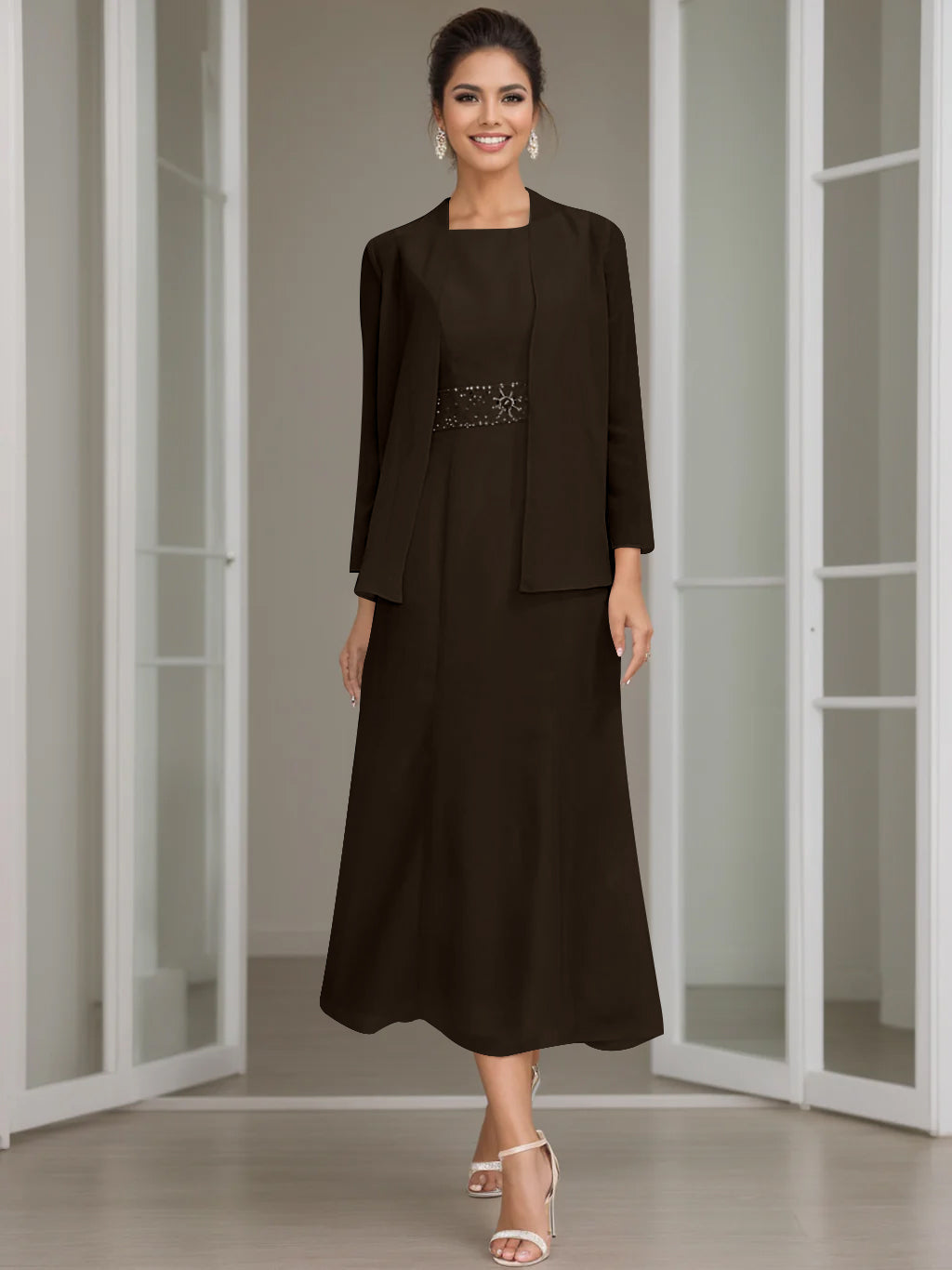 Tea-Length Mother of the Bride Sheath Dress with Beaded Jacket