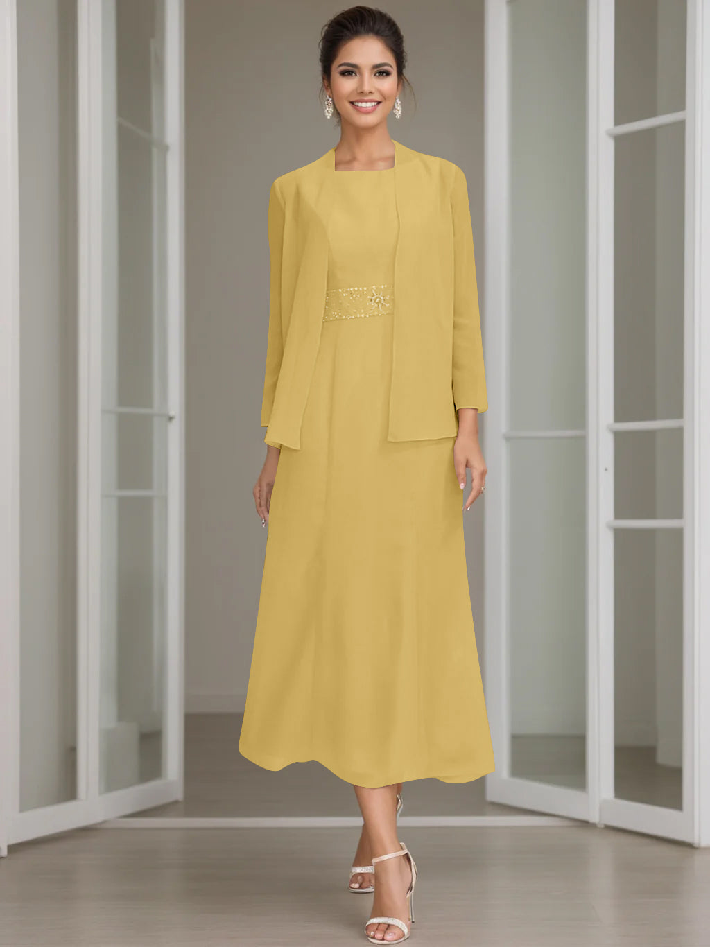 Tea-Length Mother of the Bride Sheath Dress with Beaded Jacket