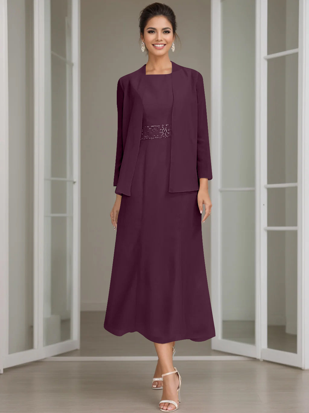 Tea-Length Mother of the Bride Sheath Dress with Beaded Jacket