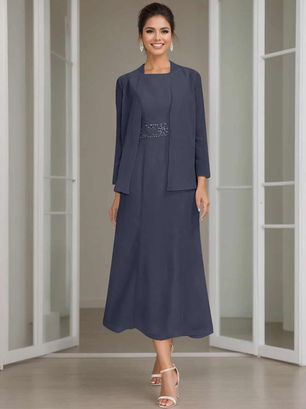 Tea-Length Mother of the Bride Sheath Dress with Beaded Jacket