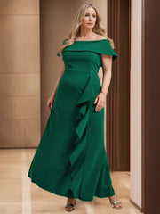 Off-the-Shoulder Sleeveless Floor-Length Plus Size Ruffled Sheath/Column Mother of the Bride Dress
