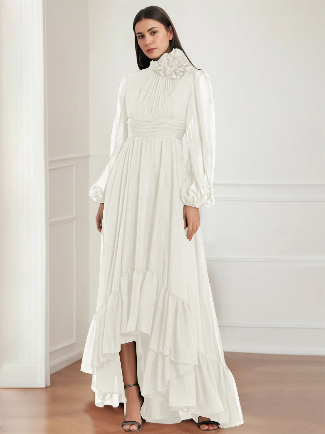 Asymmetrical A-Line Princess Jewel Neck Gown with Long Sleeves Ruffles & Floral Details