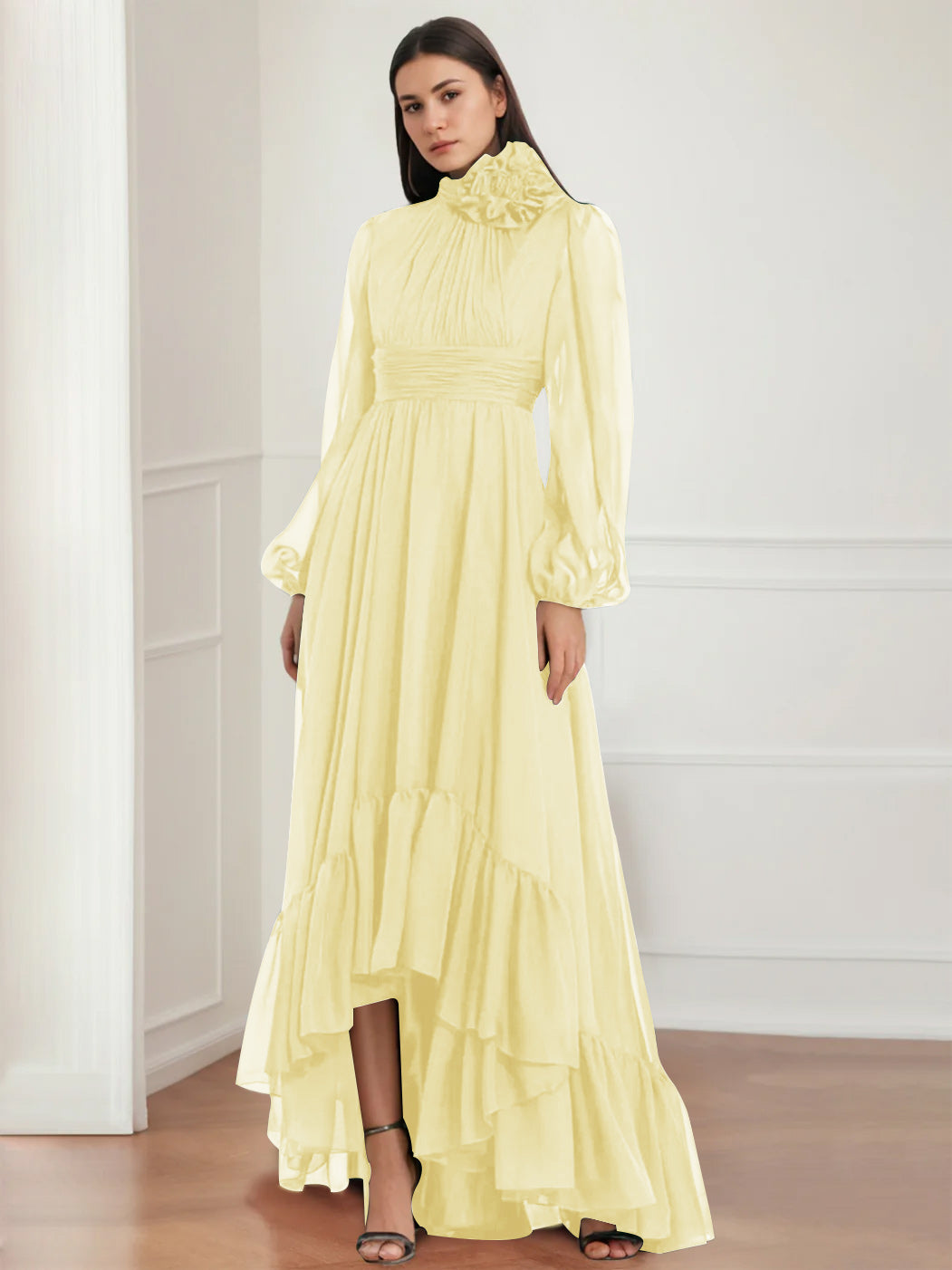 Asymmetrical A-Line Princess Jewel Neck Gown with Long Sleeves Ruffles & Floral Details