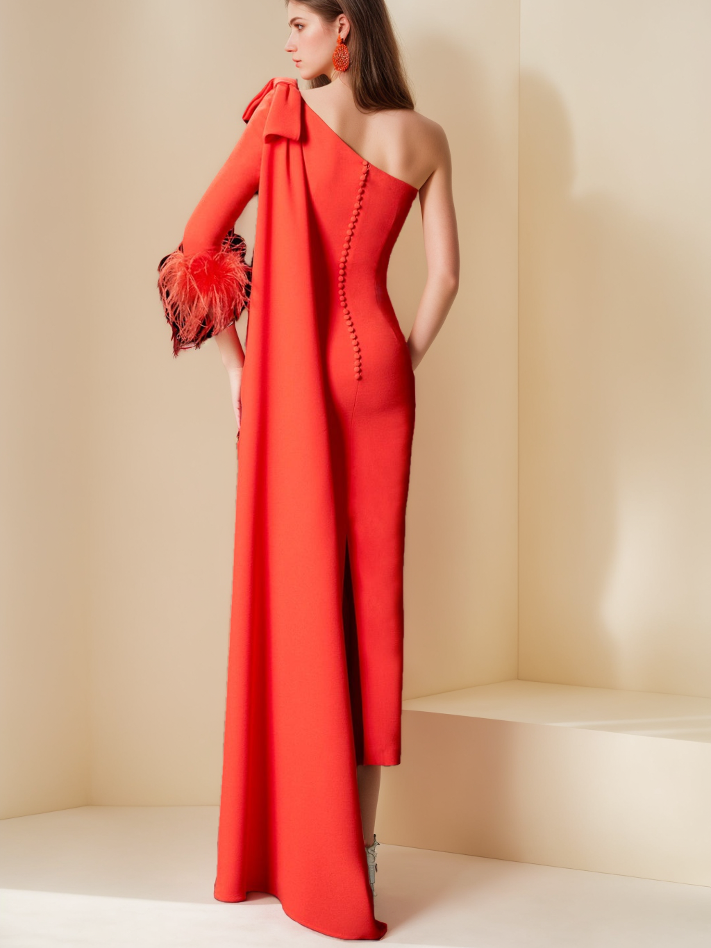 Unique One-Shoulder Tea-Length Mother of the Bride Dress with Watteau Train & Feather