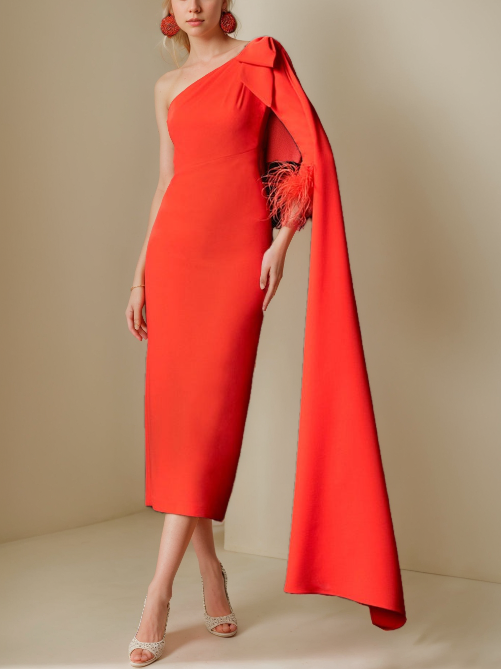 Unique One-Shoulder Tea-Length Mother of the Bride Dress with Watteau Train & Feather