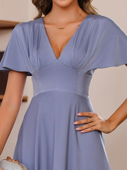 Elegant Plus Size V-Neck A-Line Princess Floor-Length Mother of the Bride Dress with Ruffles and Short Sleeves