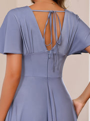 Elegant Plus Size V-Neck A-Line Princess Floor-Length Mother of the Bride Dress with Ruffles and Short Sleeves