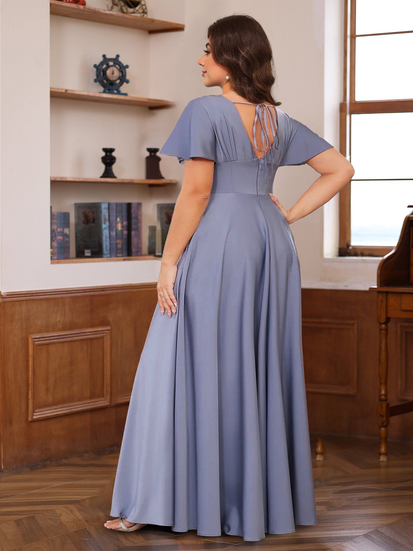 V-Neck A-Line Princess Floor-Length Mother of the Bride Dress with Short Sleeves and Ruffles