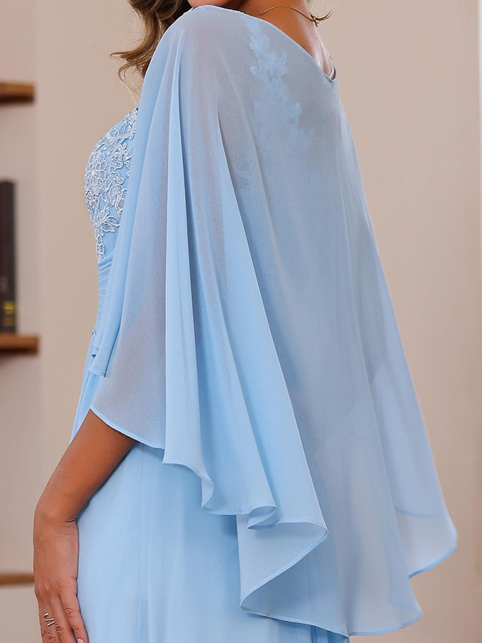 Plus Size V-Neck A-Line Princess Floor-Length Mother of the Bride Dress with Appliques Ruffles & Wrap in 2 Pics