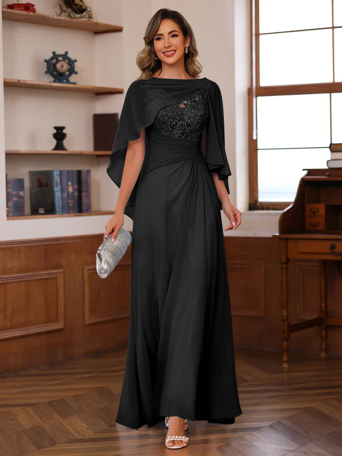 V-Neck A-Line Princess Floor-Length Mother of the Bride Dress with Appliques Ruffles & Wrap in 2 Pics