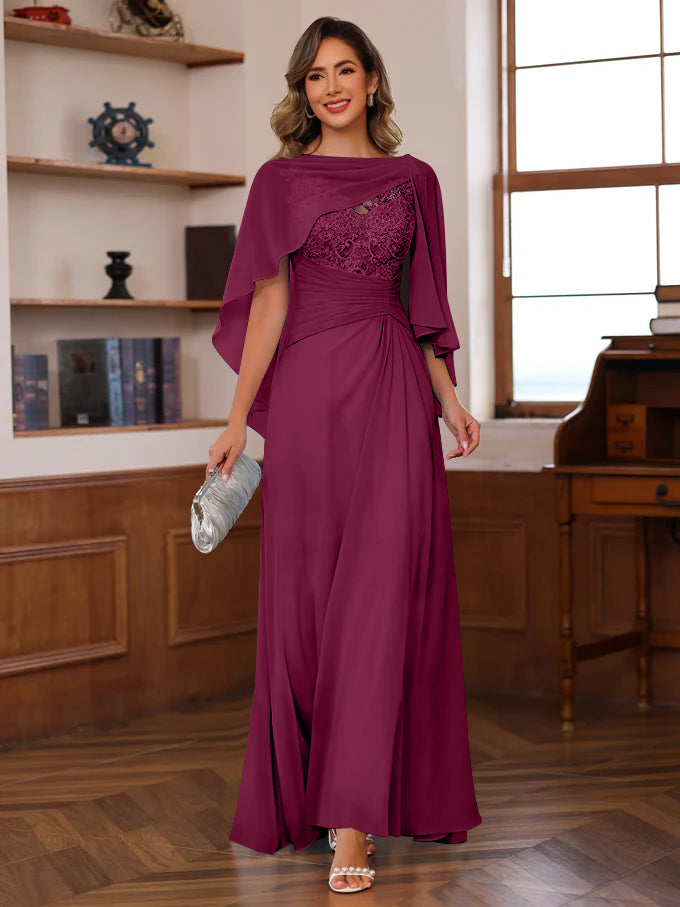 V-Neck A-Line Princess Floor-Length Mother of the Bride Dress with Appliques Ruffles & Wrap in 2 Pics