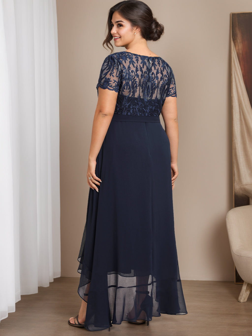 Unique Plus Size Mother of the Bride A-Line Dress with Scoop Neck Short Sleeves Bow Ruffles & Sequins