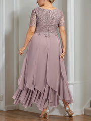 Plus Size Mother of the Bride A-Line Dress with Round Neck Short Sleeves and Cascading Ruffles