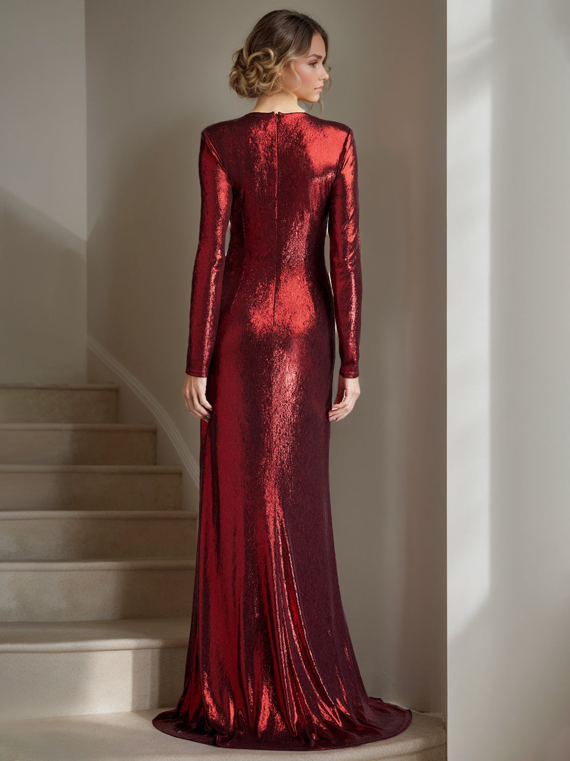 Floor-Length Deep V-Neck Sheath Dress with Crisscross Pleated Long Sleeves for the Mother of the Bride
