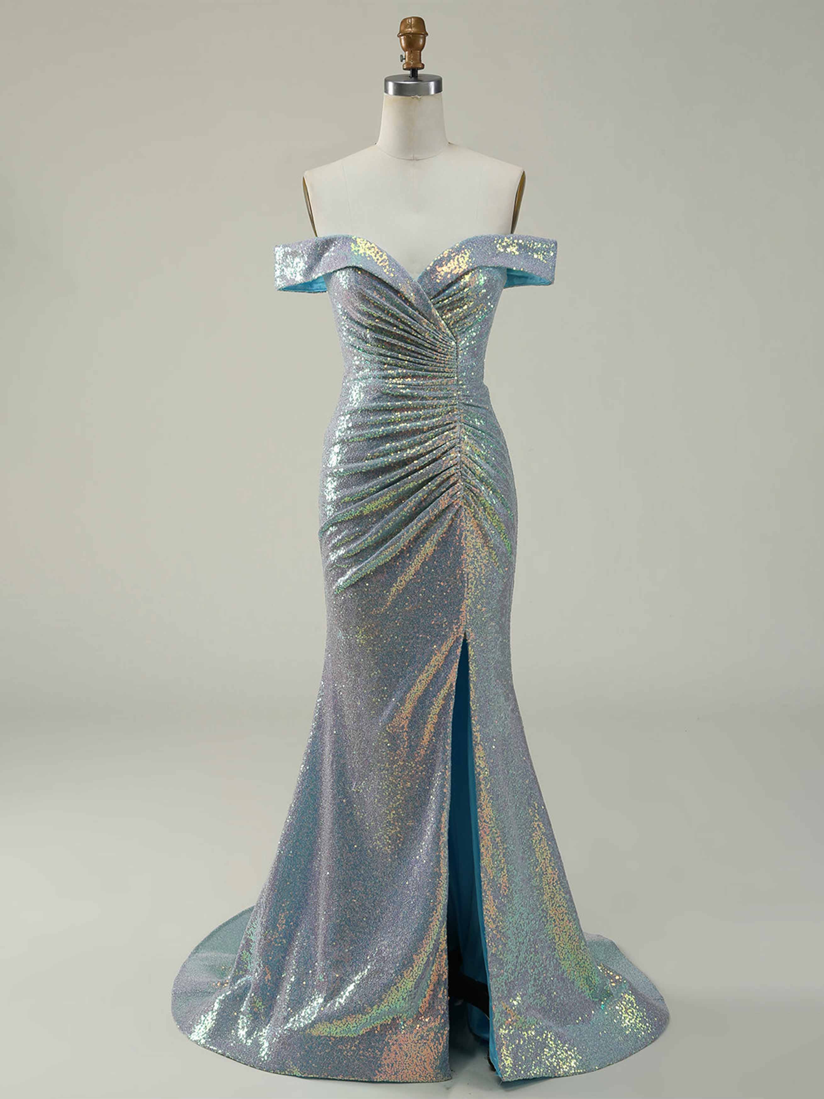 Off-the-Shoulder Sleeveless Mermaid/Trumpet Floor-Length Gown with Side Split Sequins and Ruffles