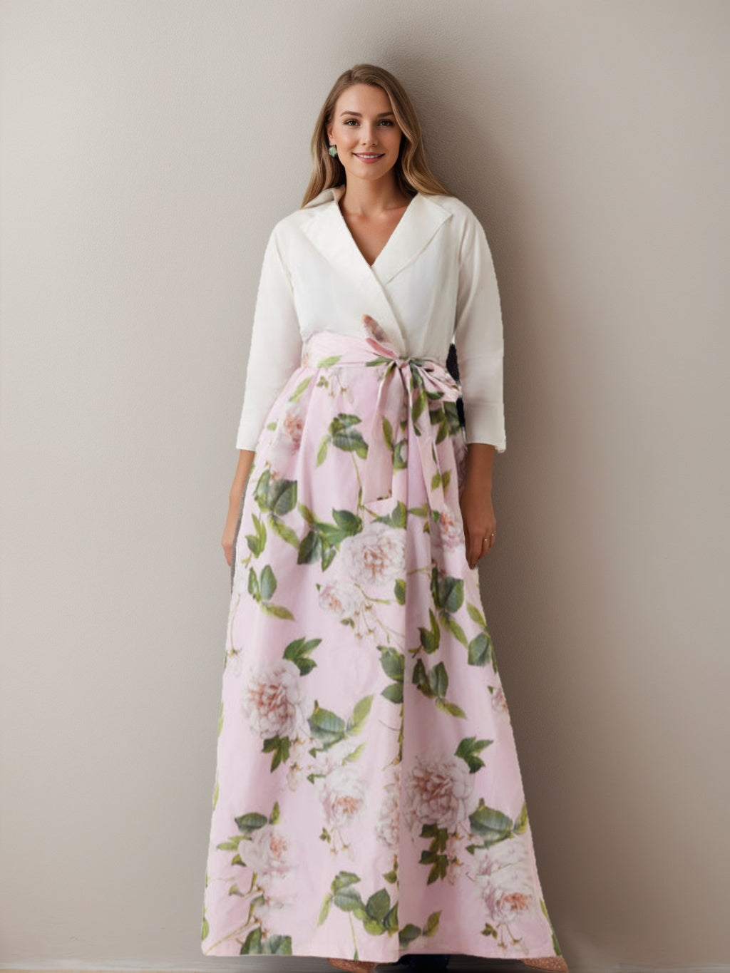 Printed Floral Plus Size Mother of the Bride A-Line Dress with V-Neck 3/4 Sleeves and Bow Belt